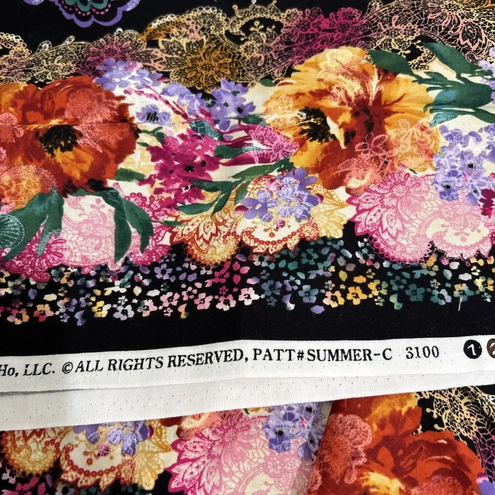 Timeless Treasures Summer C3100  Vibrant Floral On Black Quilting Fabric 31 X 44